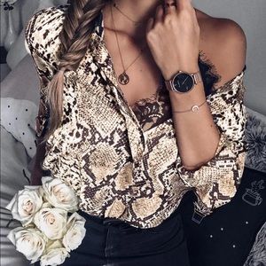 Long Sleeve Snakeskin Satin Button Up Blouse